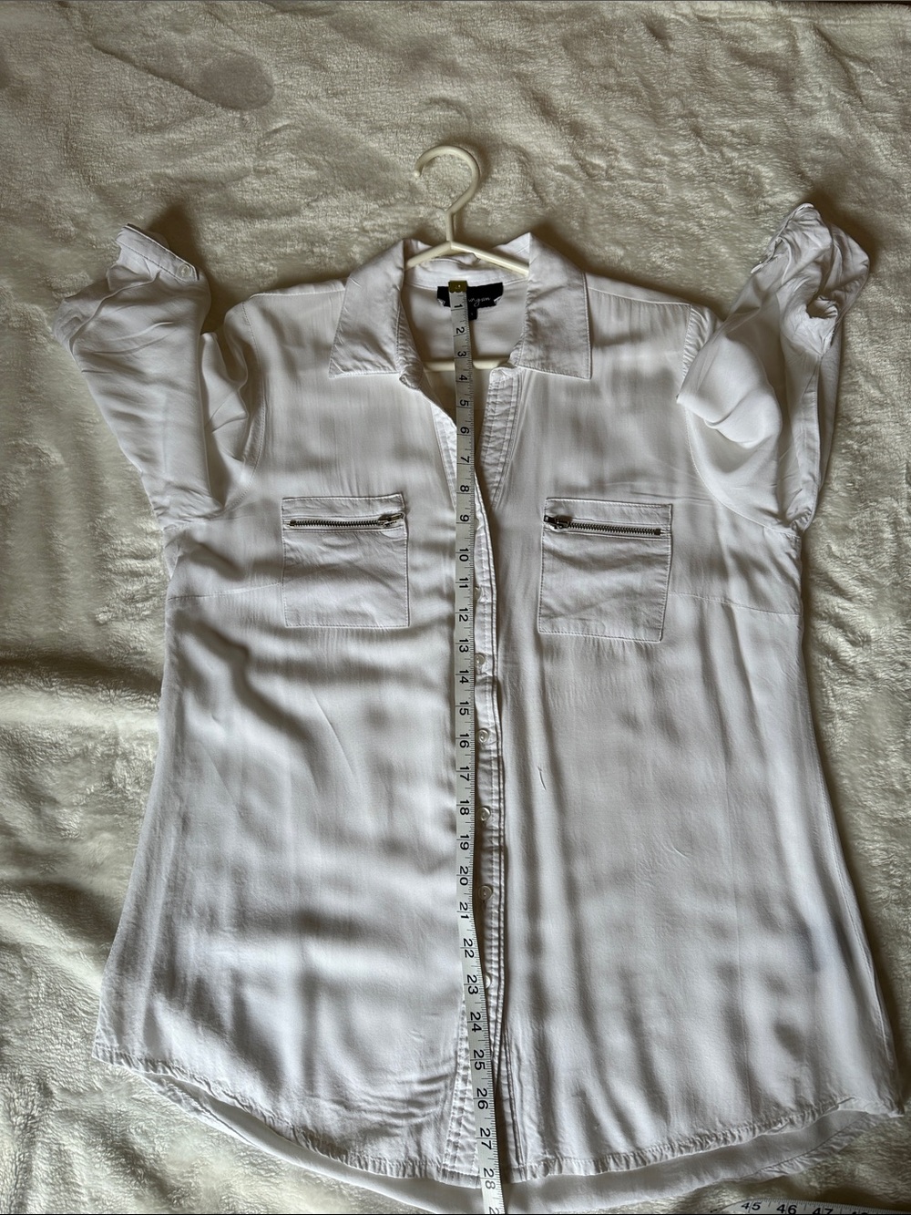 LILY MORGAN Silky Soft White Rayon Button-Up Blouse with Front Zip Pockets Sz L - Picture 10 of 10